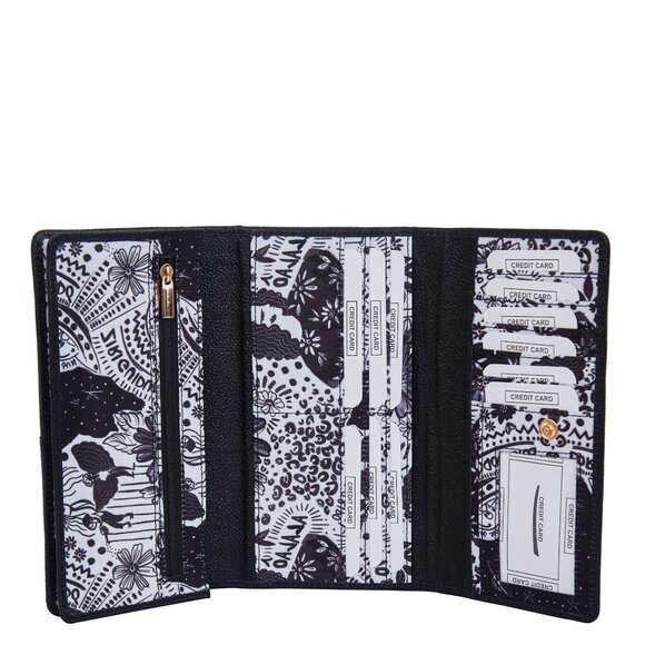 Black Printed Fabric Trifold Wallet & Card Holder – Women Organizer, ID Window - Picture 5 of 8